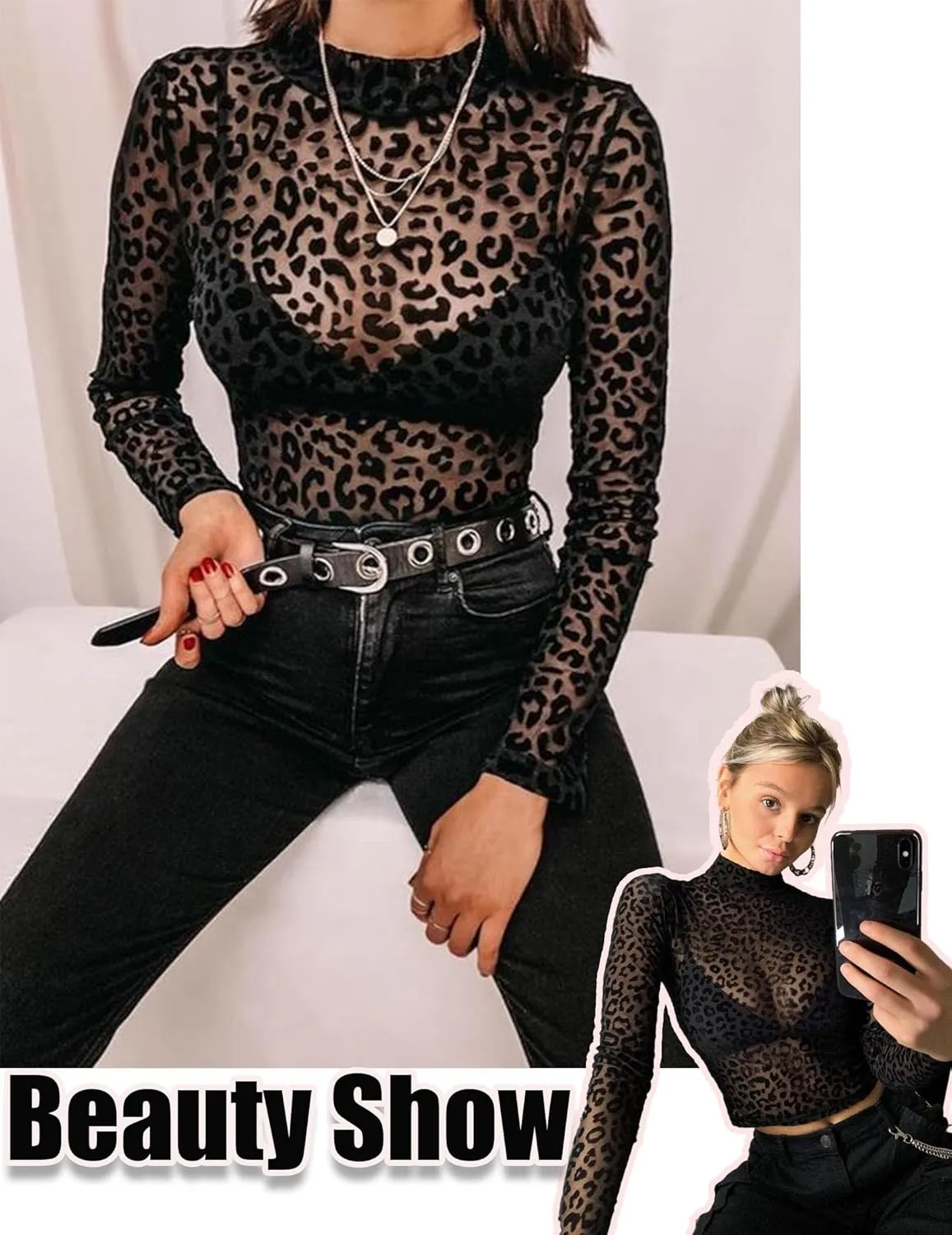 Mesh Top for Women Long Sleeve Mock Neck Mesh Shirt Sheer Top Solid Floral Tee Shirts S-XXL
