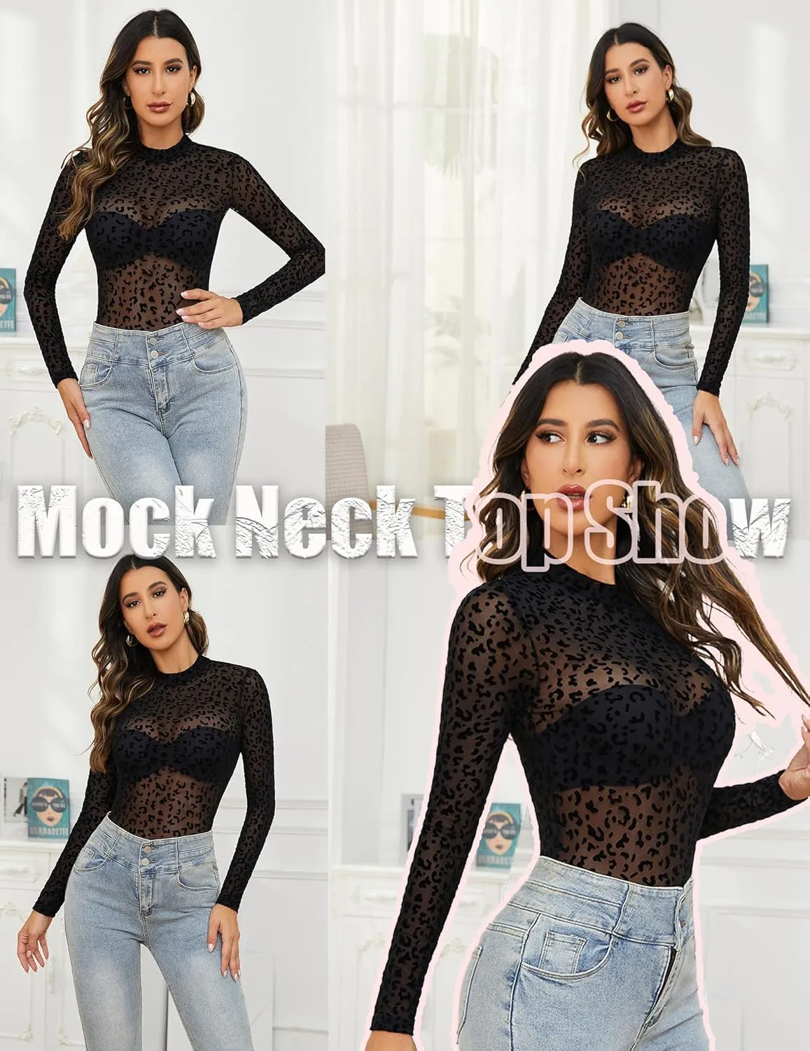 Mesh Top for Women Long Sleeve Mock Neck Mesh Shirt Sheer Top Solid Floral Tee Shirts S-XXL