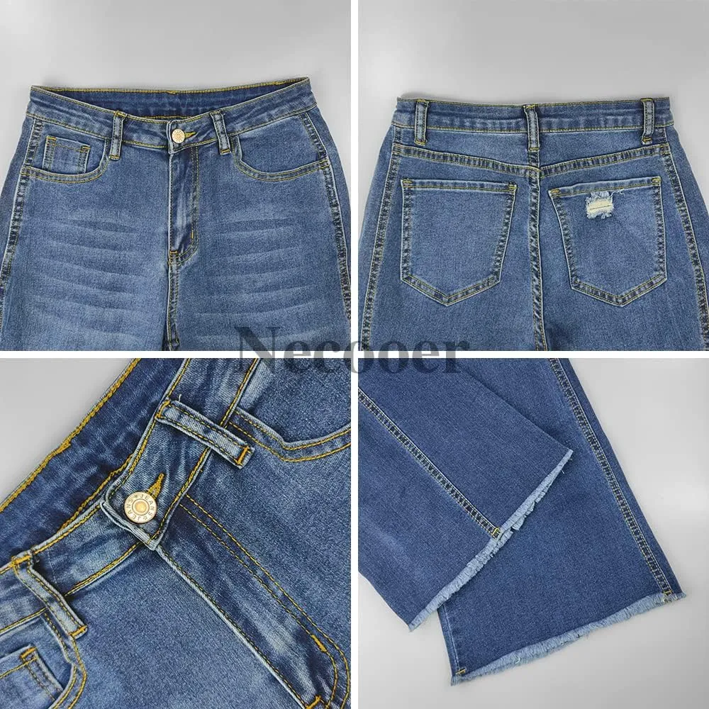 Necooer Womens Bell Bottom Jeans Classic Stretch Raw Hem Flare Denim Jeans Pants