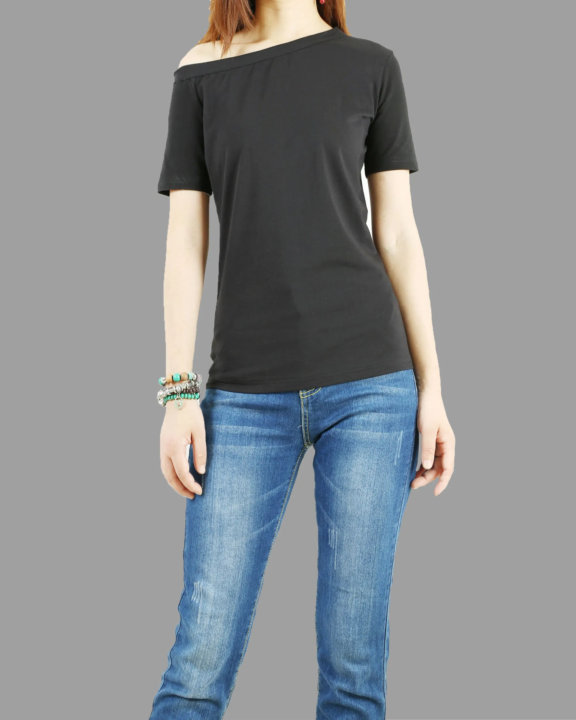 off shoulder shirt, Short sleeve cotton top, T-shirts for women, customized top, black white t-shirt, summer top(Y1009S)