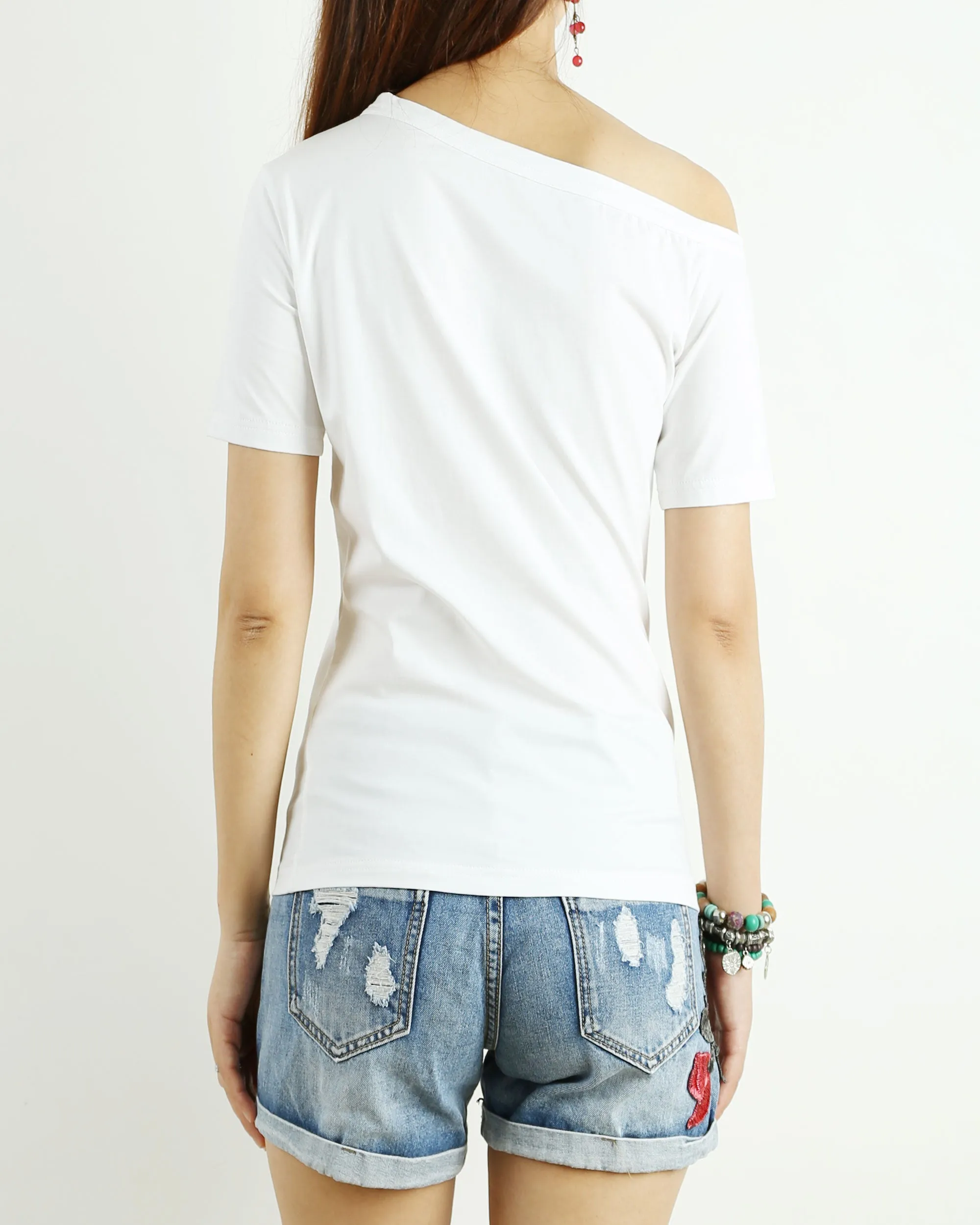 off shoulder shirt, Short sleeve cotton top, T-shirts for women, customized top, black white t-shirt, summer top(Y1009S)