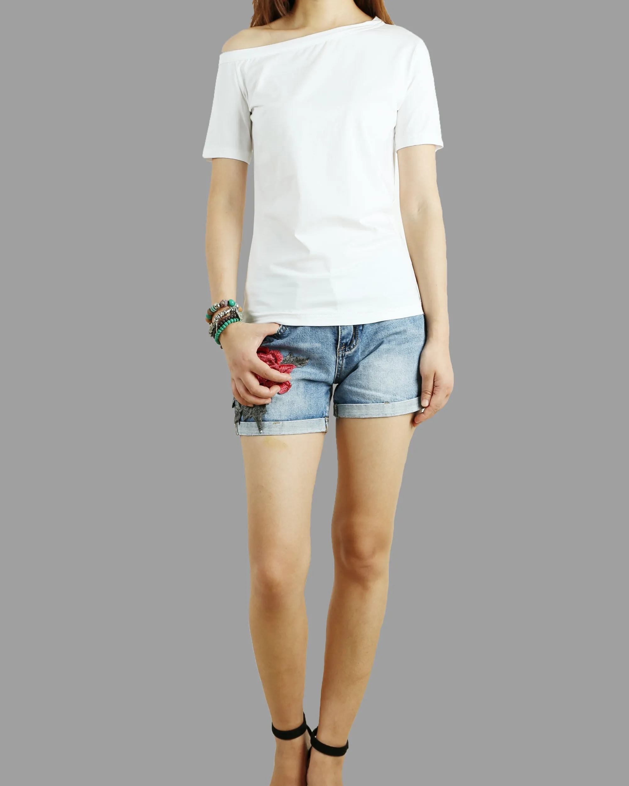 off shoulder shirt, Short sleeve cotton top, T-shirts for women, customized top, black white t-shirt, summer top(Y1009S)