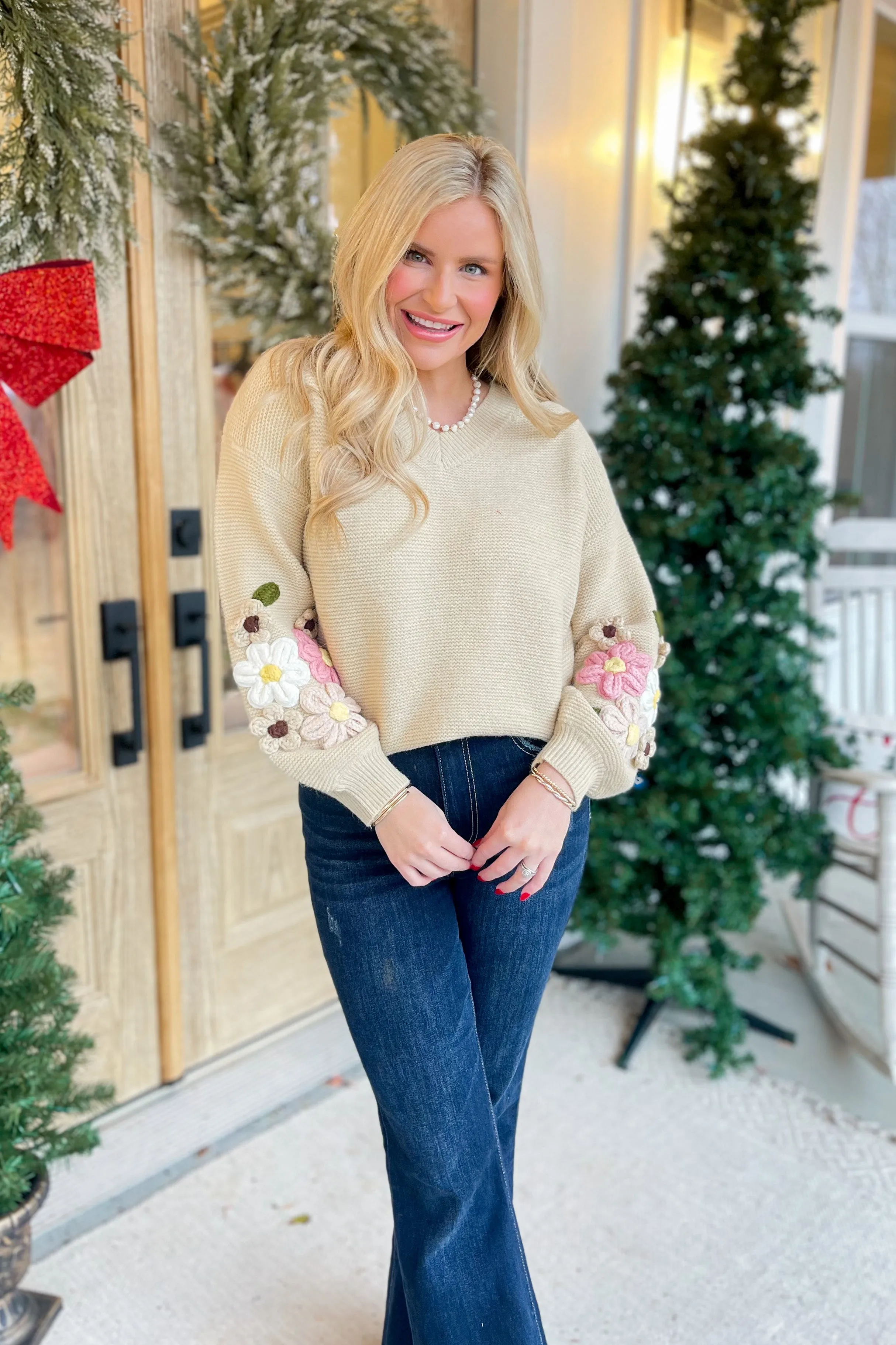 Penelope V Neck Crochet Sleeve Sweater