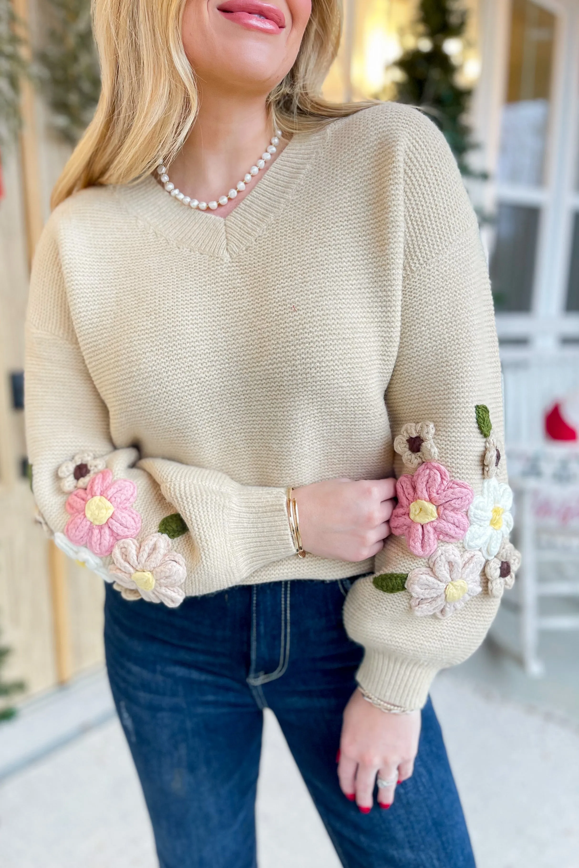 Penelope V Neck Crochet Sleeve Sweater