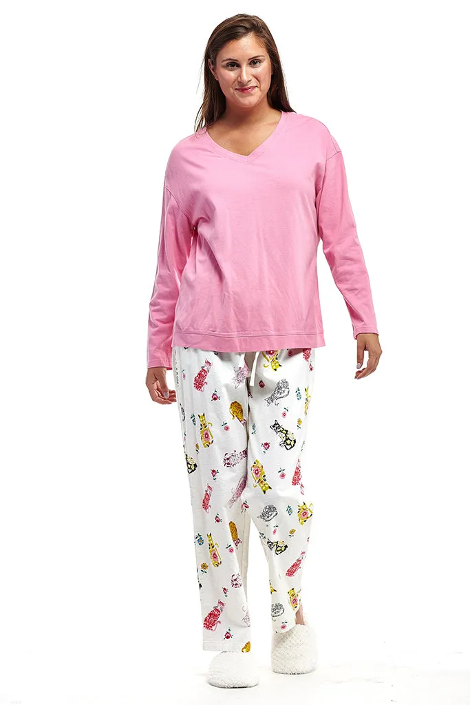 Pink Flannel Cat Print Pajama Set