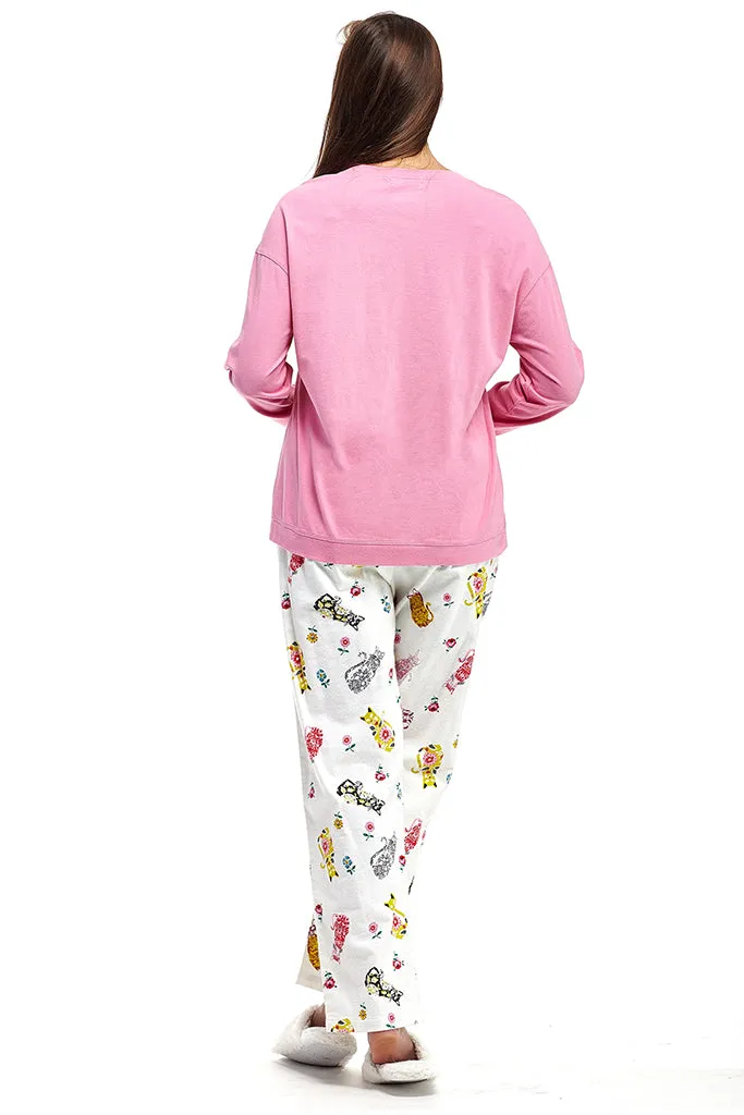Pink Flannel Cat Print Pajama Set