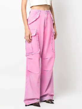 Pink Frayed Detail Cargo Jeans New Women's Luxury Fashion 100% Cotton Baggy Jeans