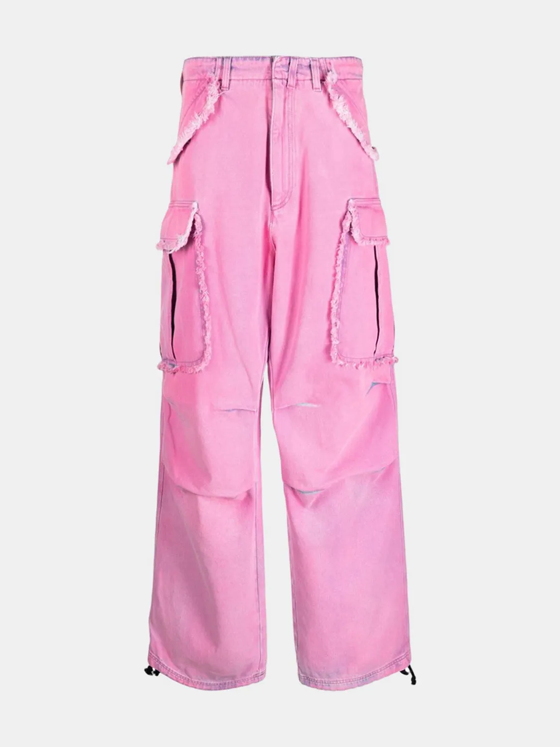 Pink Frayed Detail Cargo Jeans New Women's Luxury Fashion 100% Cotton Baggy Jeans