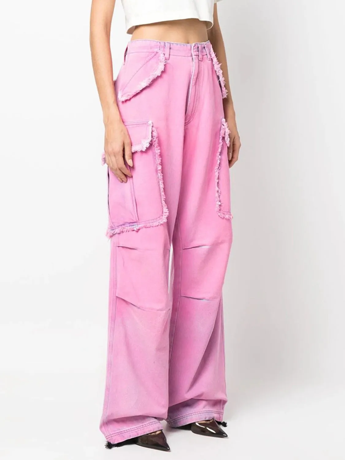 Pink Frayed Detail Cargo Jeans New Women's Luxury Fashion 100% Cotton Baggy Jeans