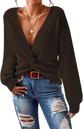 Pink Queen Women's 2024 Casual Pullover Sweaters Sexy V Neck Long Sleeve Twist Knot Cropped Knit Sweater Tops
