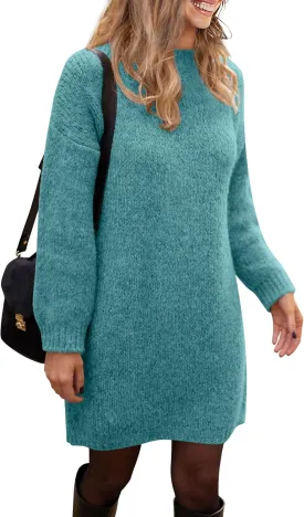 PRETTYGARDEN Women's 2025 Fall Knit Pullover Sweaters Long Sleeve Crewneck Oversized Loose Short Sweater Dress