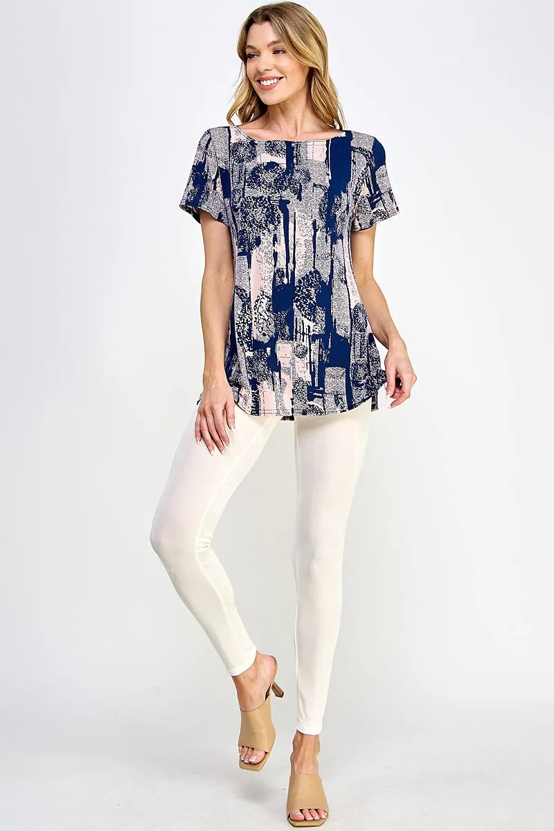 Print Boat Neckline Short Short Sleeve Top-3068HT-SRP1-W341