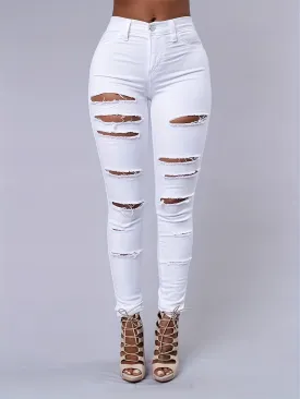 Ripped High Strech Distressed Jeans, Zipper Button Closure Solid Color Slim Fit Denim Pants, Women's Denim Jeans & Clothing