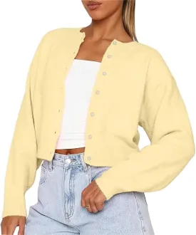 RUEWEY Women Y2k Crew Neck Button Down Long Sleeve Cropped Cardigan Knitted Sweater Light Jacket