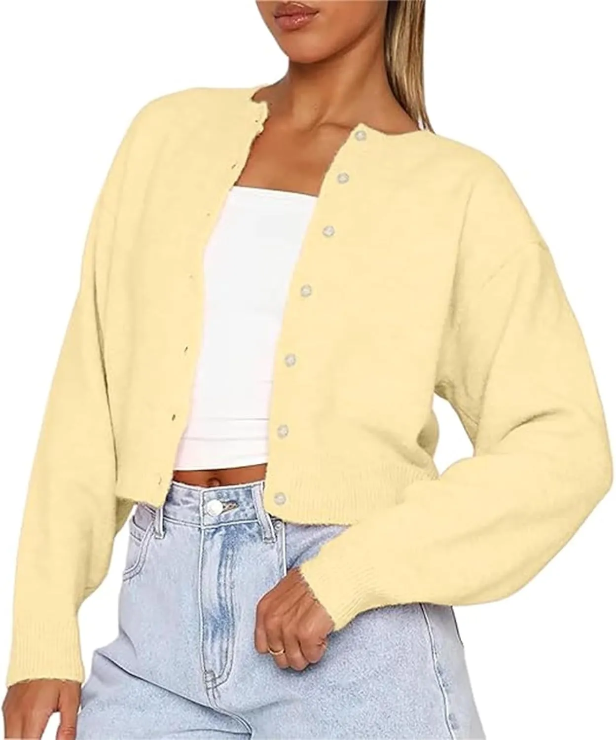 RUEWEY Women Y2k Crew Neck Button Down Long Sleeve Cropped Cardigan Knitted Sweater Light Jacket