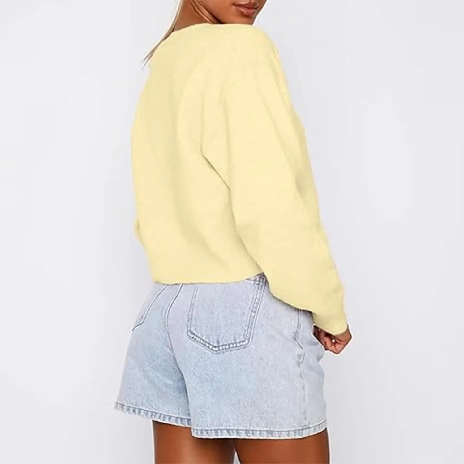 RUEWEY Women Y2k Crew Neck Button Down Long Sleeve Cropped Cardigan Knitted Sweater Light Jacket