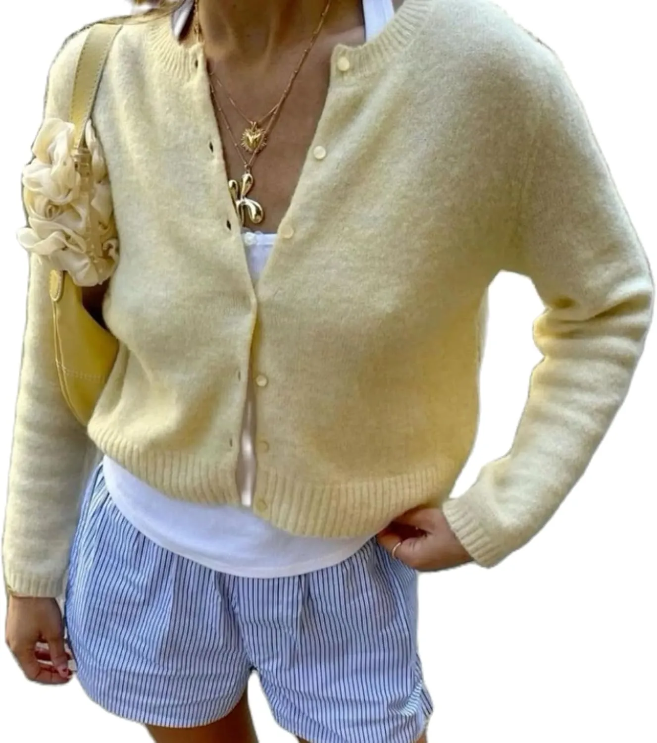 RUEWEY Women Y2k Crew Neck Button Down Long Sleeve Cropped Cardigan Knitted Sweater Light Jacket
