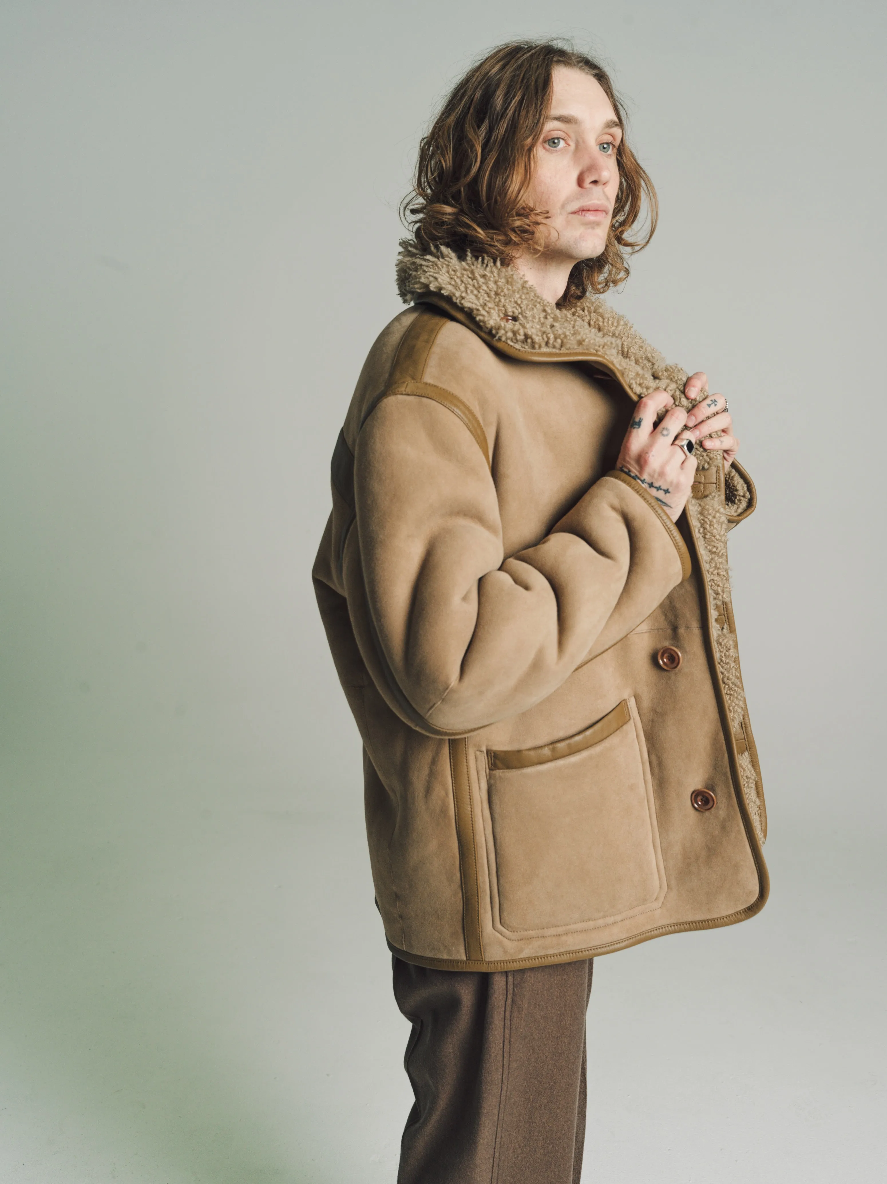 Sand Stone Lamb Leather Reversible Shearling Coat