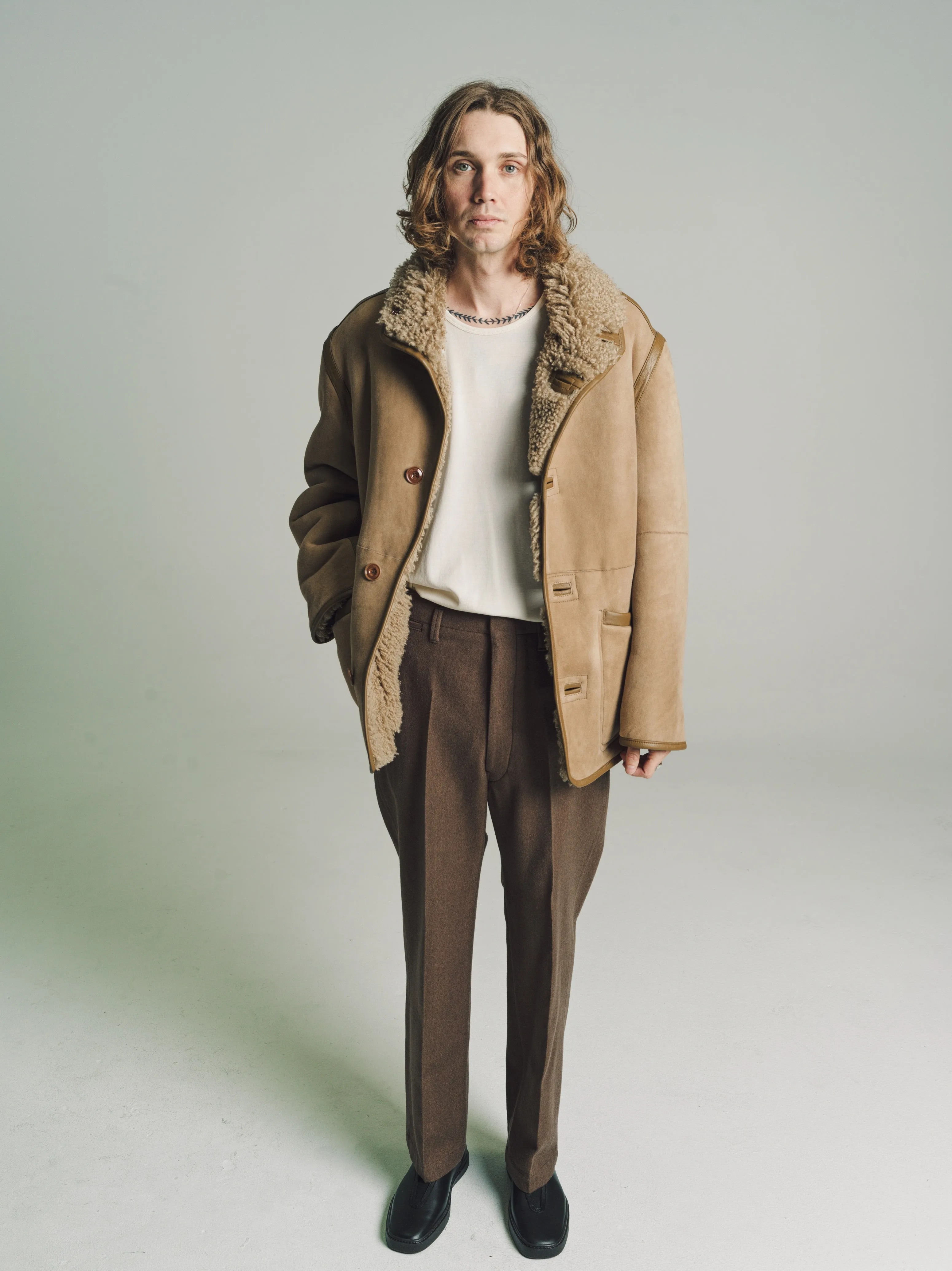Sand Stone Lamb Leather Reversible Shearling Coat