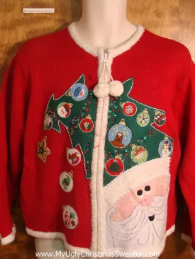 Santa Christmas Tree Hat and Ornaments Ugly Christmas Sweater