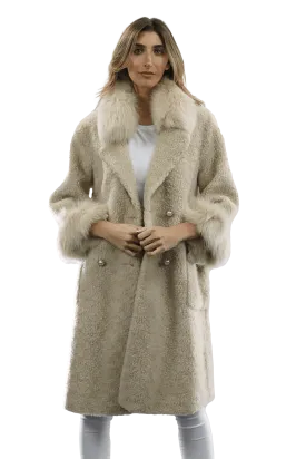 Shearling and Suede Coat with Fox Fur Collar and Cuff - Camel