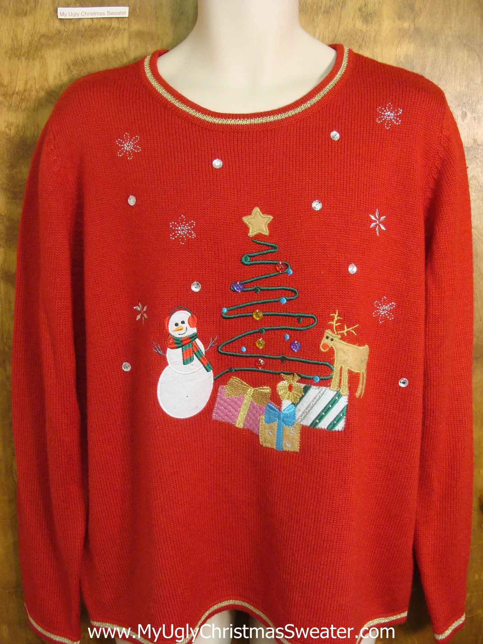 Snowman and Reindeer Around Xmas Tree Tacky Xmas Sweater