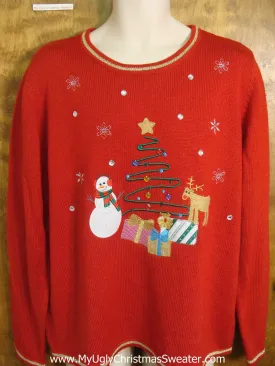 Snowman and Reindeer Around Xmas Tree Tacky Xmas Sweater