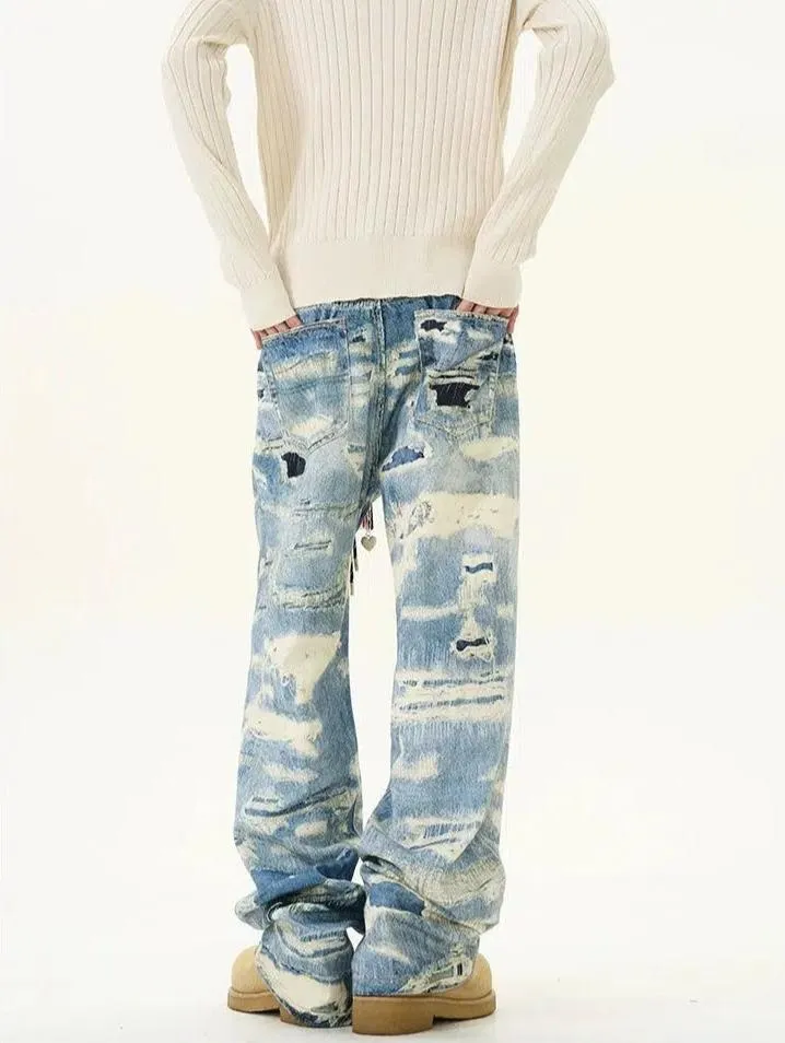 Washed Ripped Pattern Jeans