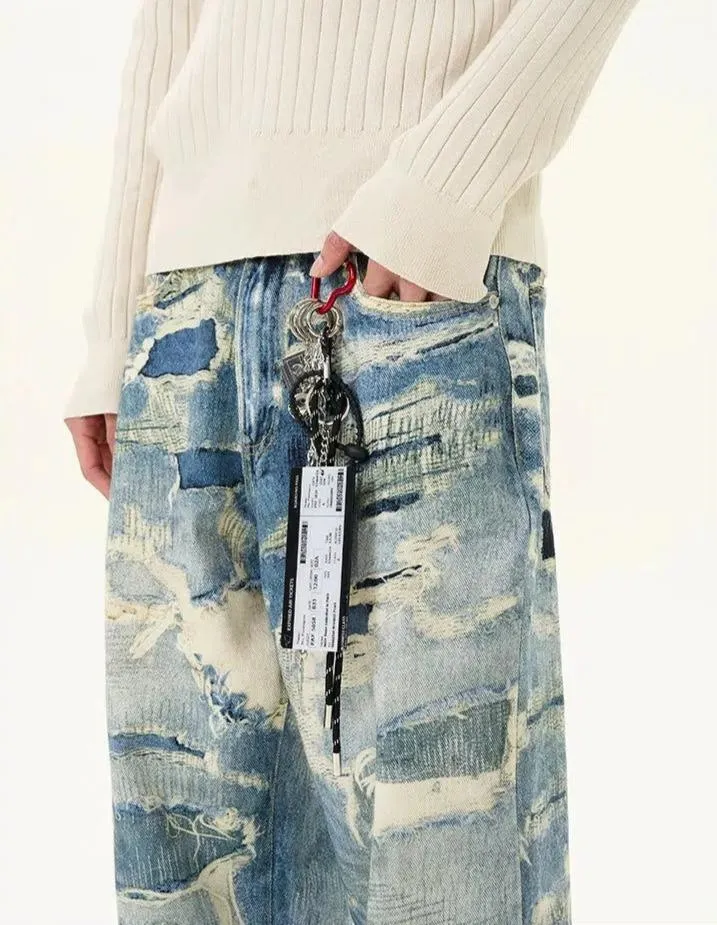 Washed Ripped Pattern Jeans