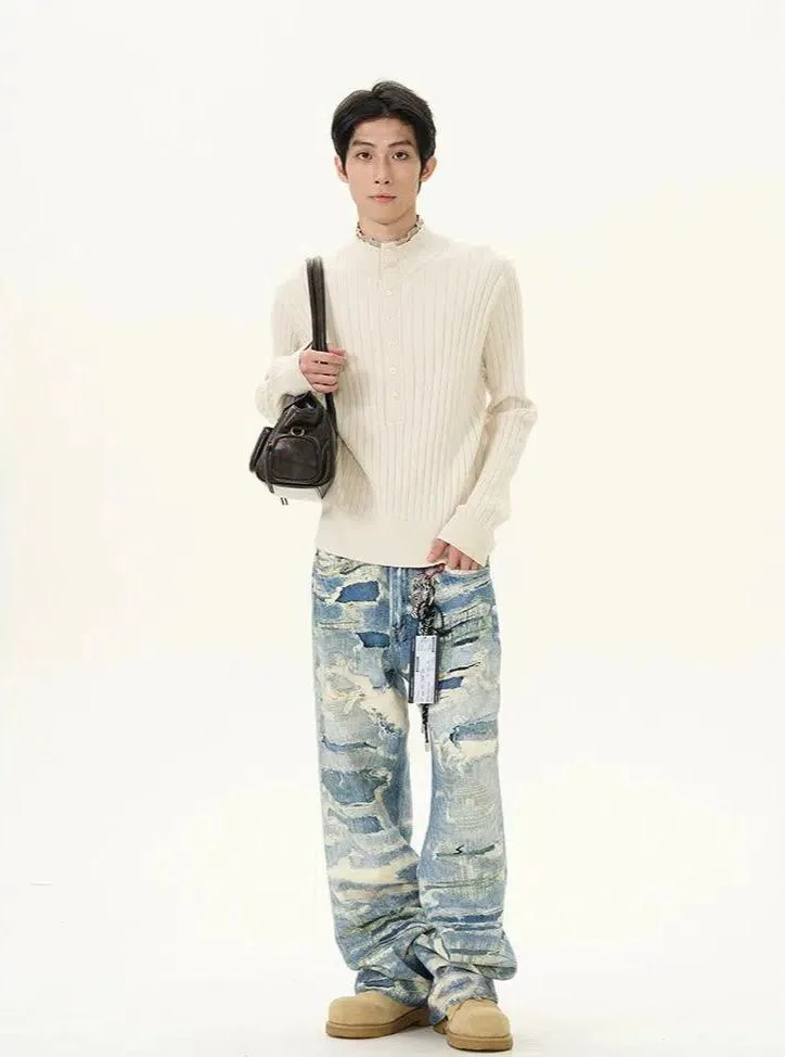 Washed Ripped Pattern Jeans