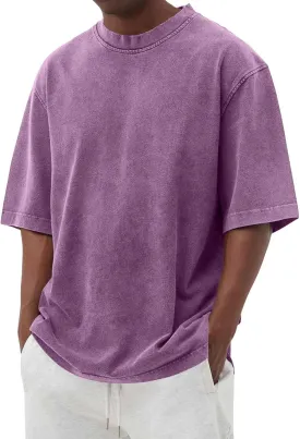 WENKOMG1 Cotton Shirt for Men Loose Fit Distressed Casual Half Sleeve T-Shirt Summer Retro Style Crewneck Pullover