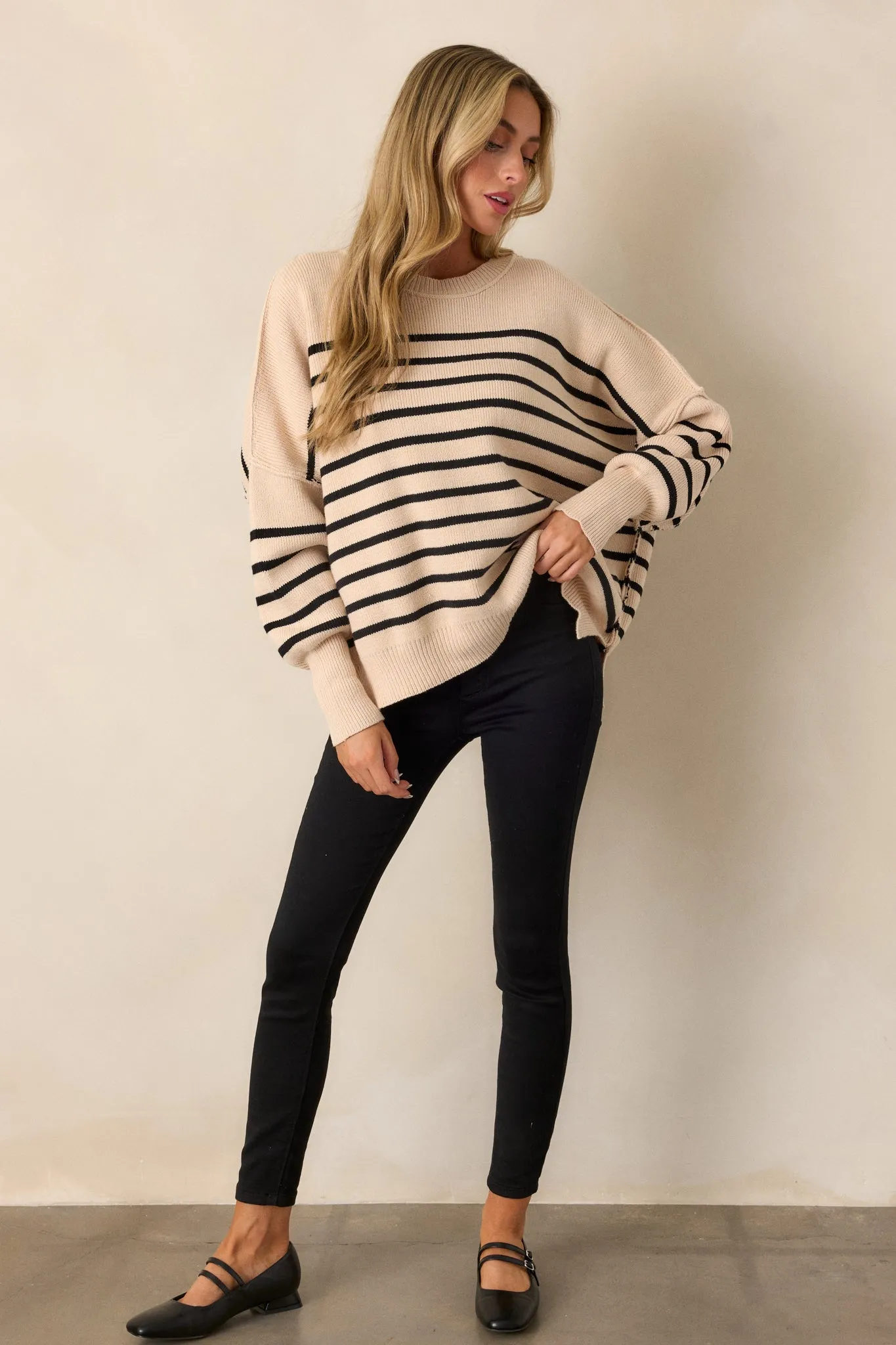 Whispering Woods Beige Stripe Knit Sweater