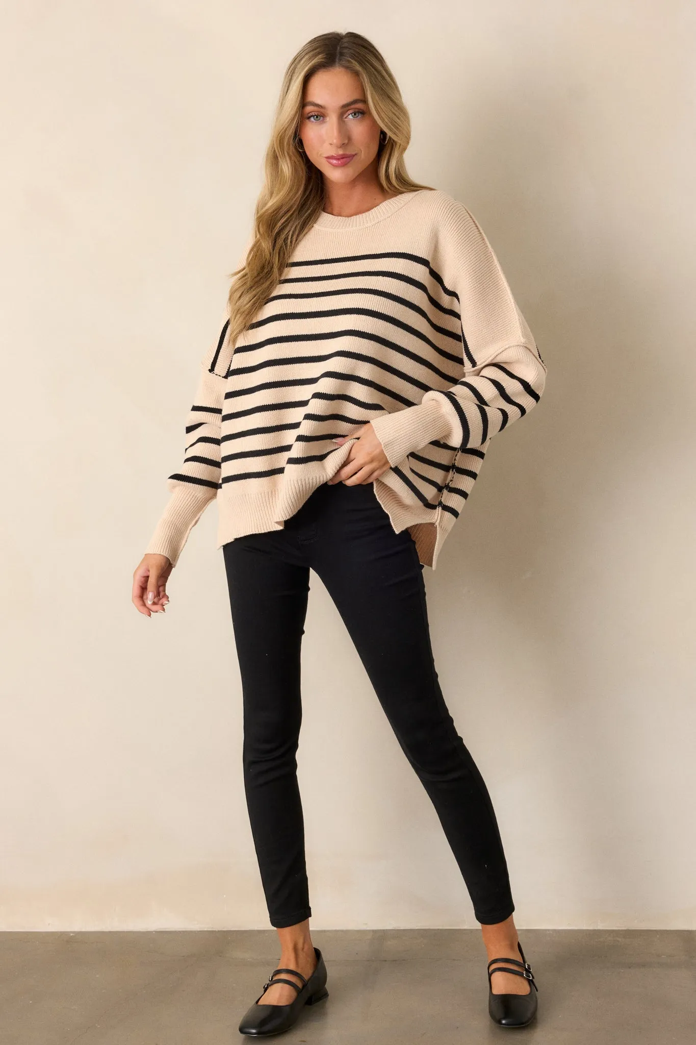Whispering Woods Beige Stripe Knit Sweater
