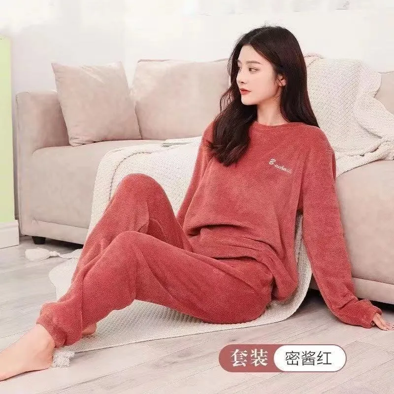 Wjczt In the Fall and Winter of New Coral Fleece Pajamas Fairy Female Thickening and Wool Flannel Lovely Warm Leisurewear Suit