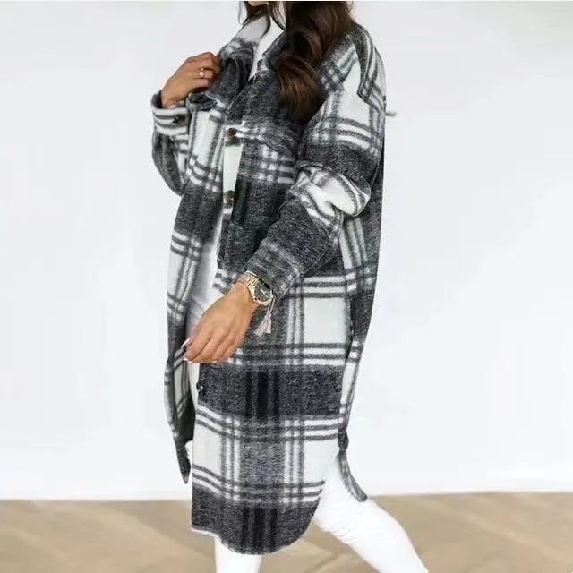 Women winter fall long sleeve turn-down collar button up plaid coat