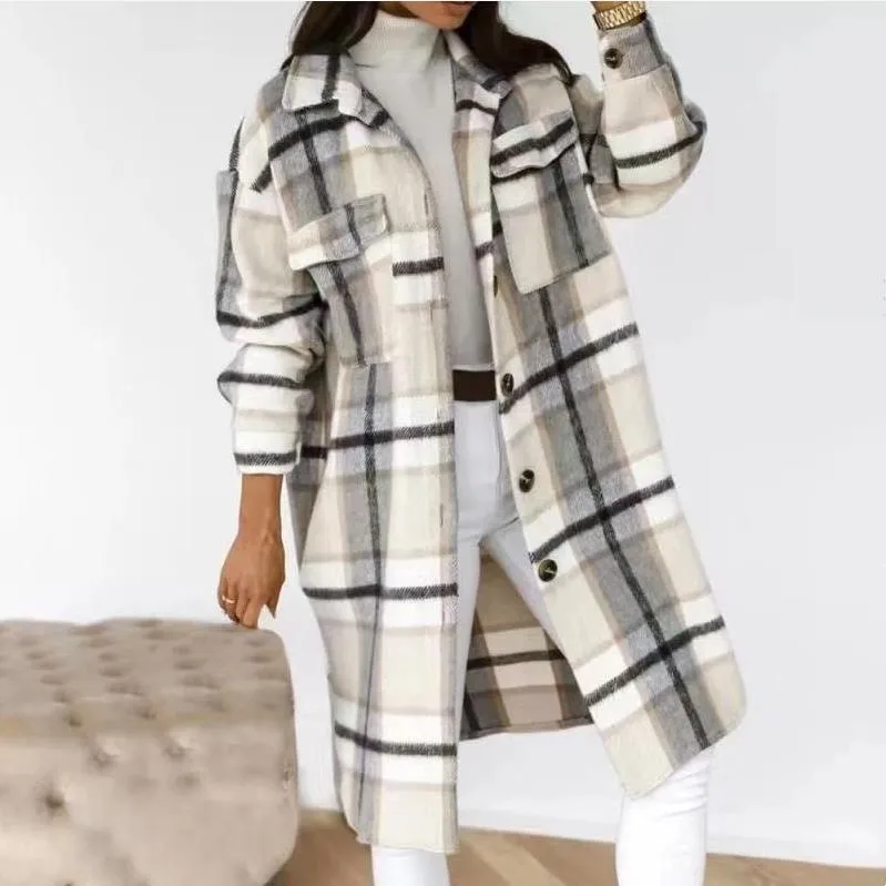 Women winter fall long sleeve turn-down collar button up plaid coat