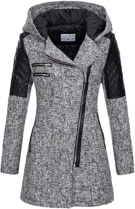 Women Wool Pea Coat Long Sleeve Hooded Long Winter Warm Thick Leather Jackets Zip Up Trench Outerwears Pockets
