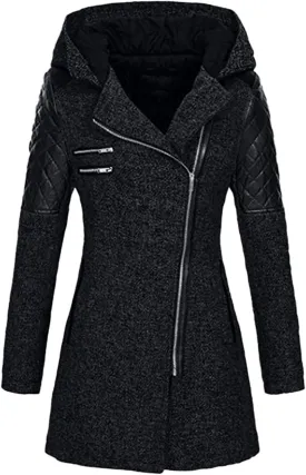 Women Wool Pea Coat Long Sleeve Hooded Long Winter Warm Thick Leather Jackets Zip Up Trench Outerwears Pockets