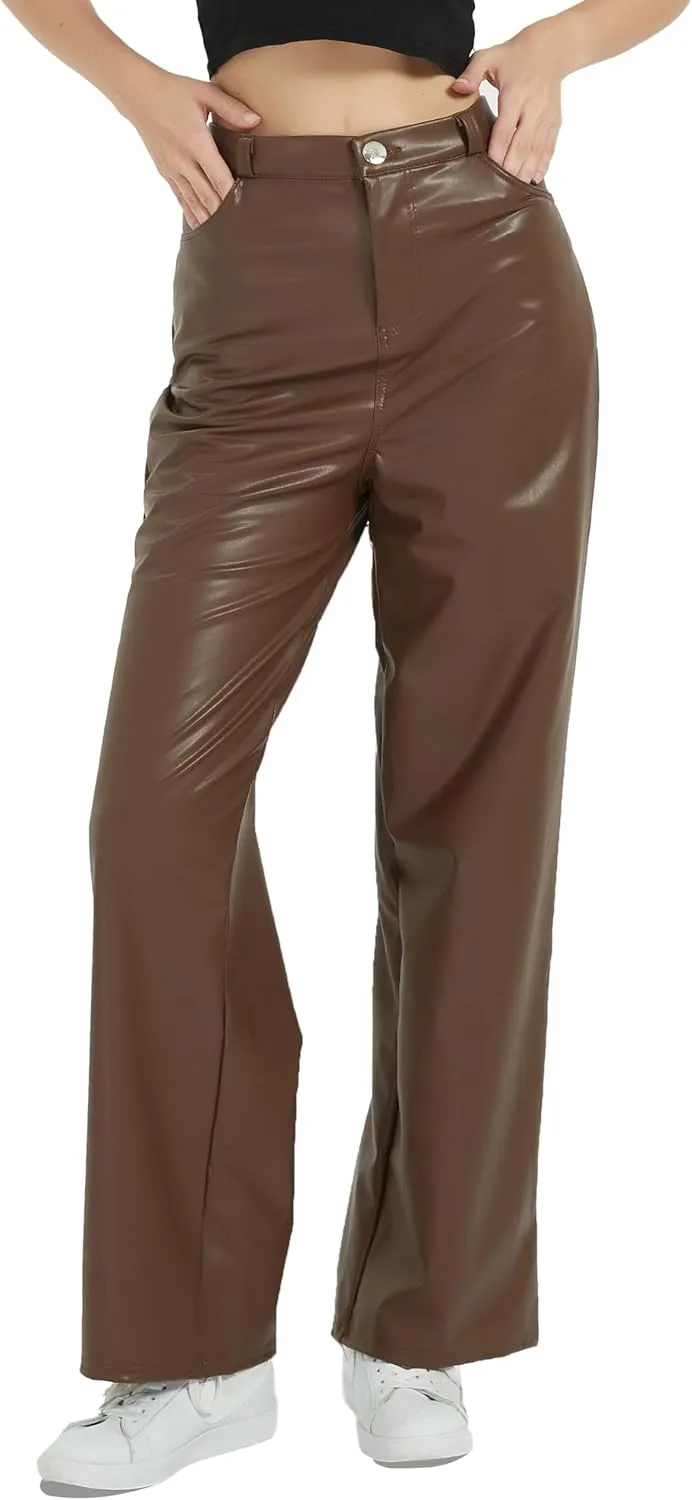 Women's Black Leather Pants - High Waist Faux Leather Straight Leg Bell Bottom Flare Pants