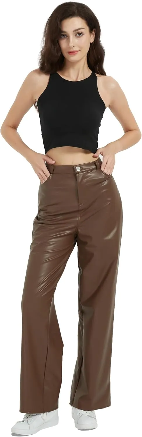Women's Black Leather Pants - High Waist Faux Leather Straight Leg Bell Bottom Flare Pants