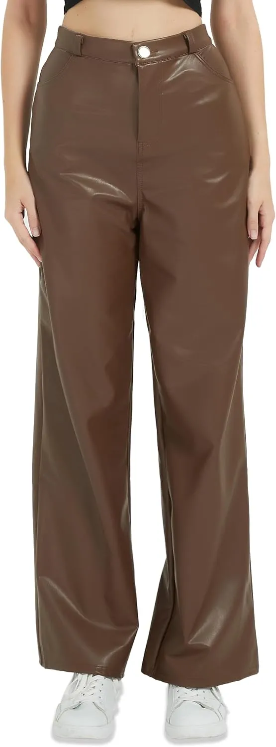 Women's Black Leather Pants - High Waist Faux Leather Straight Leg Bell Bottom Flare Pants