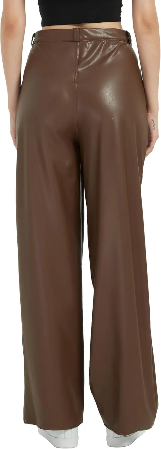 Women's Black Leather Pants - High Waist Faux Leather Straight Leg Bell Bottom Flare Pants