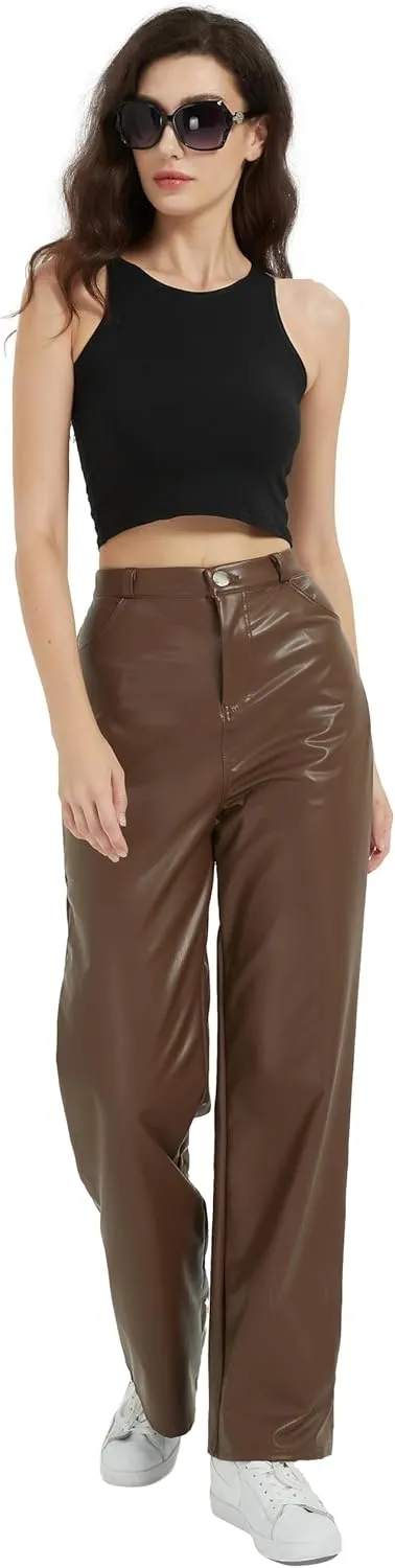 Women's Black Leather Pants - High Waist Faux Leather Straight Leg Bell Bottom Flare Pants