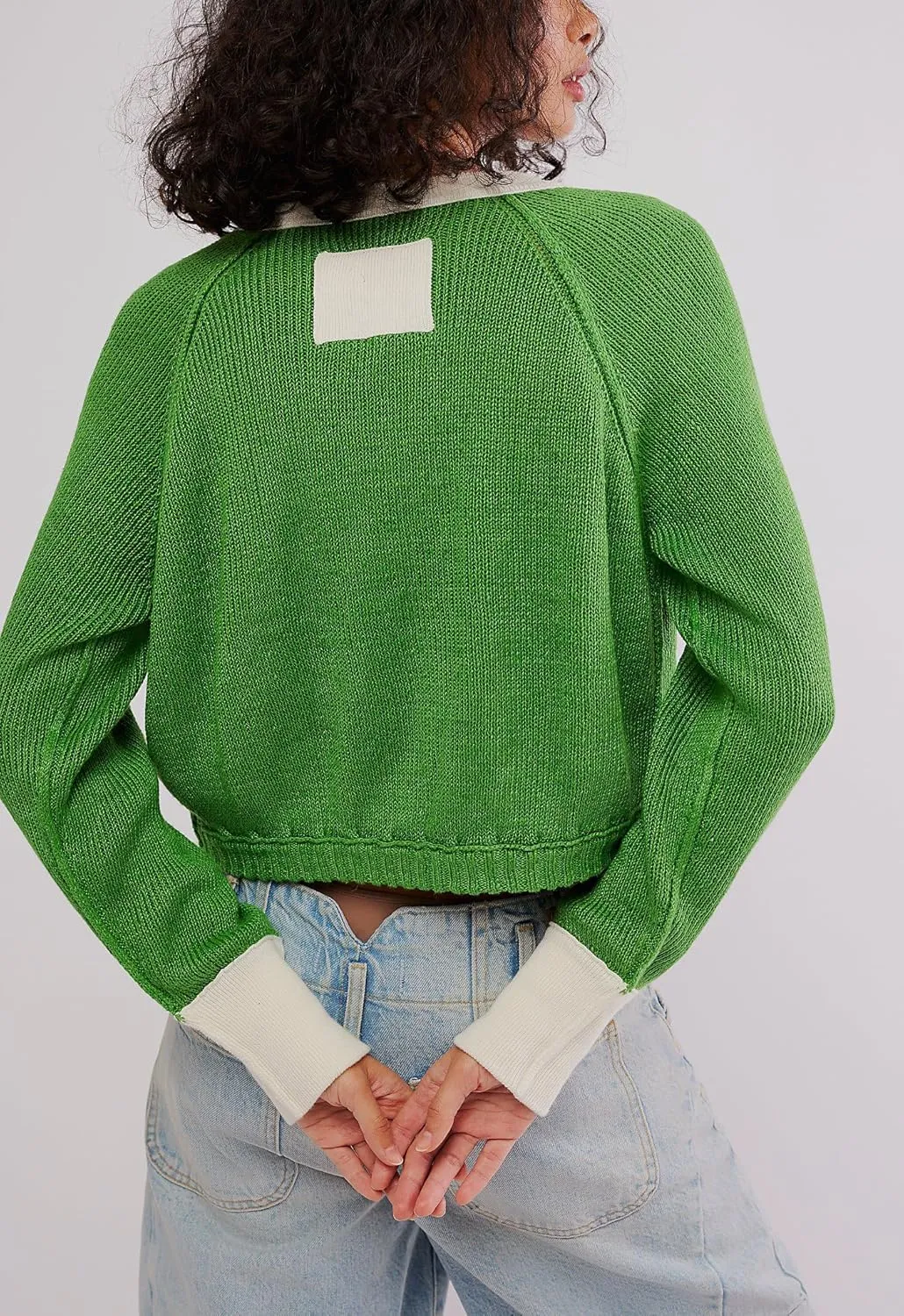 Women's Color Block Cropped Cardigan Sweater Fall Long Sleeve Open Front Button Down Knitwear Crewneck Knit Outwear