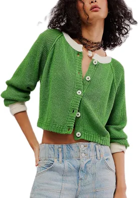 Women's Color Block Cropped Cardigan Sweater Fall Long Sleeve Open Front Button Down Knitwear Crewneck Knit Outwear
