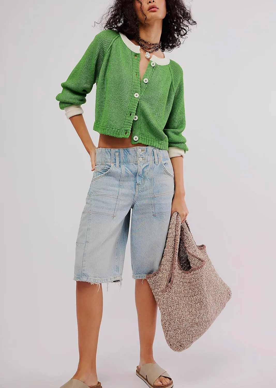 Women's Color Block Cropped Cardigan Sweater Fall Long Sleeve Open Front Button Down Knitwear Crewneck Knit Outwear