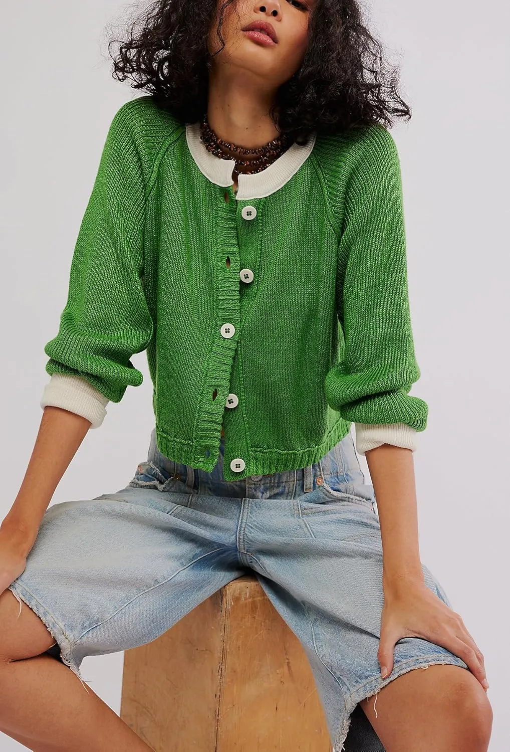 Women's Color Block Cropped Cardigan Sweater Fall Long Sleeve Open Front Button Down Knitwear Crewneck Knit Outwear
