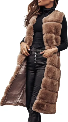 Womens Faux Fur Vest Sleeveless Long Fuzzy Fleece Jacket Crewneck Winter Warm Oversized Cardigan Coats