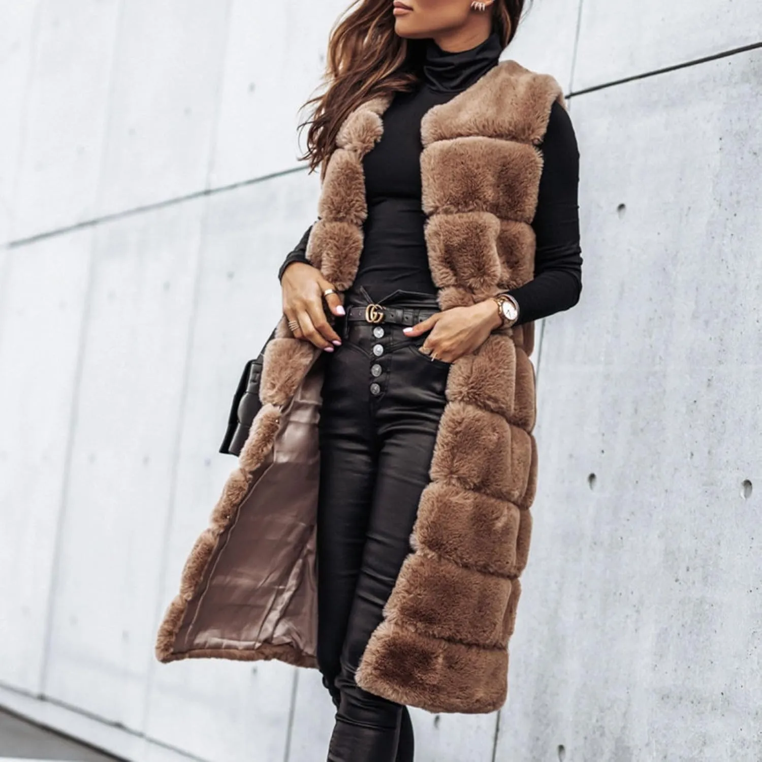Womens Faux Fur Vest Sleeveless Long Fuzzy Fleece Jacket Crewneck Winter Warm Oversized Cardigan Coats