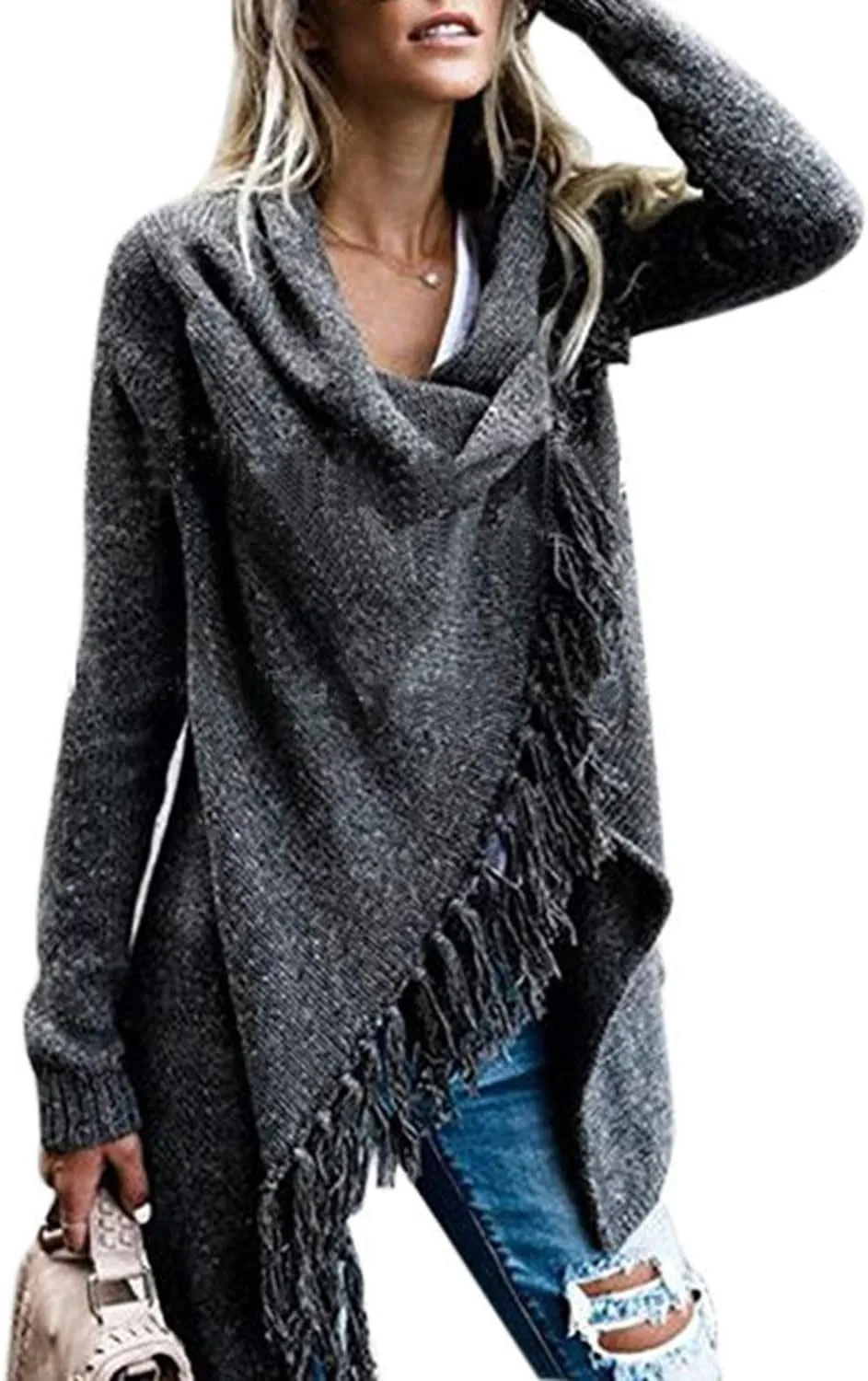 Womens Tassel Sweater Coat Cardigan Knitwear Open Front Speckled Fringe Sweater Outwear